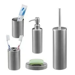 Produktbild: Relaxdays Badezimmer Set, 5-teilig, Badaccessoires Edelstahl gebürstet, komplette Badezimmerausstattung, modern, Silber