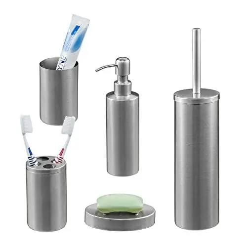 Produktbild: Relaxdays Badezimmer Set, 5-teilig, Badaccessoires Edelstahl gebürstet, komplette Badezimmerausstattung, modern, Silber