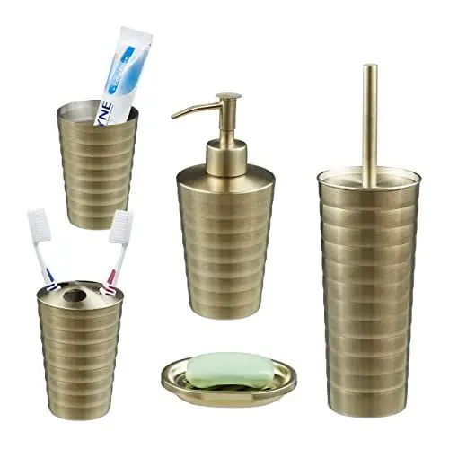 Produktbild: Relaxdays Badezimmer Set, 5-teilig, Badaccessoires Edelstahl gebürstet, komplette Badezimmerausstattung, modern, Gold