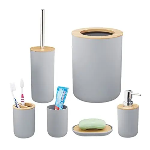 Produktbild: Relaxdays Badezimmer Set, 6-teilig, Badaccessoires Kunststoff, Bambus, komplette Badezimmerausstattung, Badset, grau