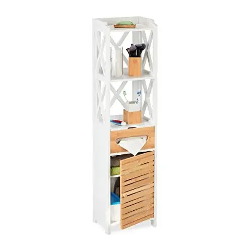 Produktbild: Relaxdays Badezimmerschrank, mit 5 Ablagen & Klappfach, 122 x 31 x 25,5 cm, MDF & Bambus, schmales Badregal, weiß/Natur