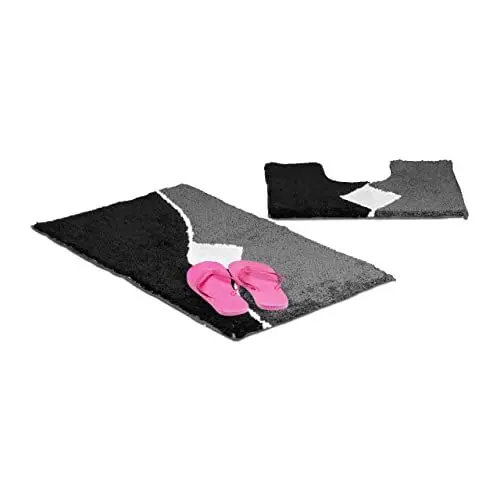 Produktbild: Relaxdays 2-Piece Bath mat Set Badgarnitur 2-teilig mit Grafikmuster, Für Fußbodenheizung, Waschbar, Badematte Vorleger, Für Stand-WC, 80 x 50 cm, grau, Polyester, 50 x 80 x 1.5 cm