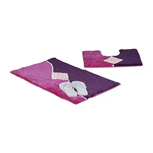 Produktbild: Relaxdays Badgarnitur 2-teilig mit Grafikmuster, Für Fußbodenheizung, Waschbar, Badematte und WC-Vorleger, Für Stand-WC, 80 x 50 cm, beere