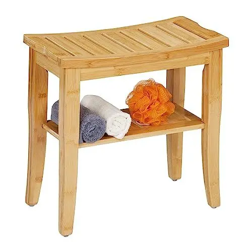 Produktbild: Relaxdays Badhocker aus Bambus, Sitzhocker mit Ablagefläche, HxBxT: 45,5 x 48 x 25 cm, Stauraum für Flur & Bad, Natur