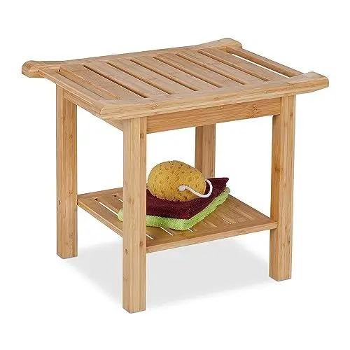 Produktbild: Relaxdays Badhocker aus Bambus, extra Ablagefläche & Griffe, HxBxT: 45 x 55 x 40,5 cm, Stauraum in Flur & Bad, Natur