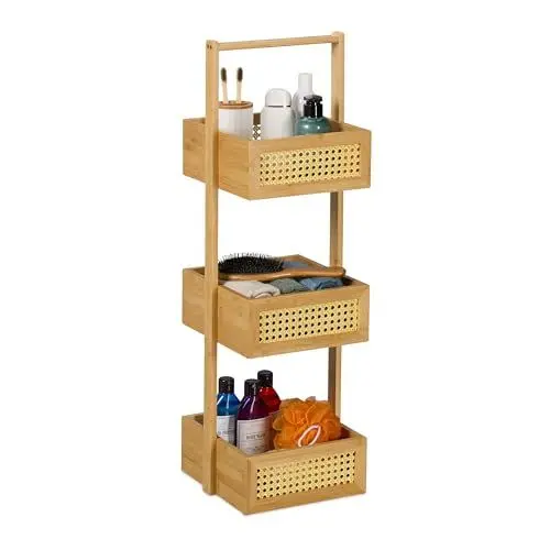Produktbild: Relaxdays Badregal, 3 Ablagen mit Rattan, HxBxT: 83 x 27 x 26 cm, Standregal für Badezimmer & Küche, Bambus, MDF, natur