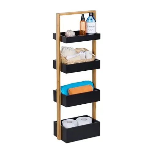 Produktbild: Relaxdays Badregal, 4 Ablagen, HxBxT: 88 x 30 x 18 cm, Standregal für Badezimmer & Küche, Bambus, MDF, Natur/schwarz