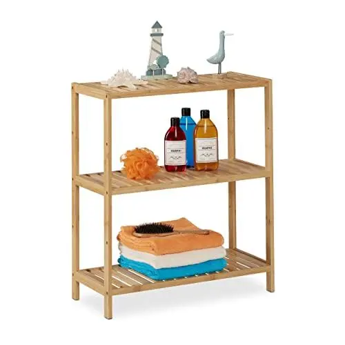 Produktbild: Relaxdays Badregal, Bambus, 3 Ablagen, höhenverstellbar, HBT: 69 x 60 x 26 cm, Bad & Küche, schmales Standregal, Natur