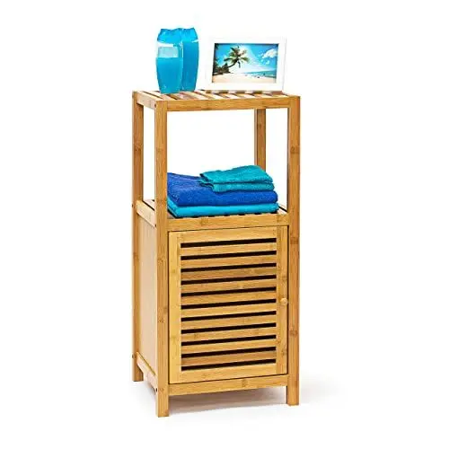 Produktbild: Relaxdays Badregal Bambus mit 3 Ablageflächen HxBxT 80x36,5x33 cm praktisches Holzregal mit mehreren Ebenen und Schrankteil mit magnetischem Verschluss mit Stauraum für Bad und Wohnzimmer, natur