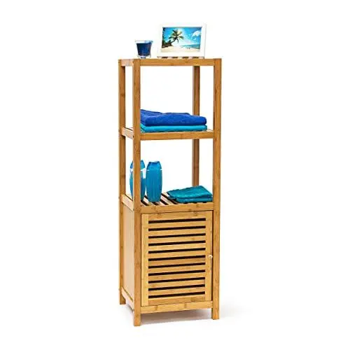 Produktbild: Relaxdays Badregal Bambus mit 4 Ablageflächen HxBxT 110x36,5x33 cm praktisches Holzregal mit mehreren Ebenen und Schrankteil mit magnetischem Verschluss mit Stauraum für Bad und Wohnzimmer, natur