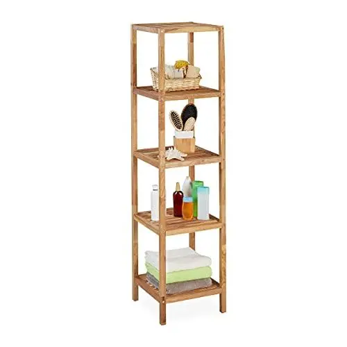 Produktbild: Relaxdays Badregal Walnuss, HBT 145 x 36 x 36 cm, 5 Ablagen, quadratisch, Standregal Küche, Badezimmer Regal Holz, Natur