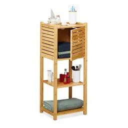 Produktbild: Relaxdays Badregal aus Bambus, 3 Ablagen & 1 Fach mit Tür, Bad & Küche, schmales Badmöbel, HBT: 87,5 x 35 x 29 cm, natur