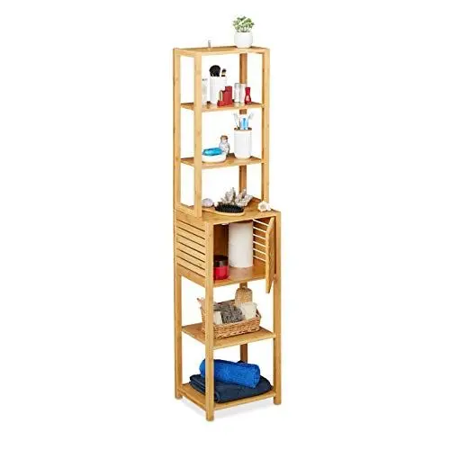 Produktbild: Relaxdays Badregal aus Bambus, 7 Böden, 1 Fach mit Tür, stehend, Bad & Küche, hohes Badmöbel, HxBxT: 149x35x29 cm, Natur