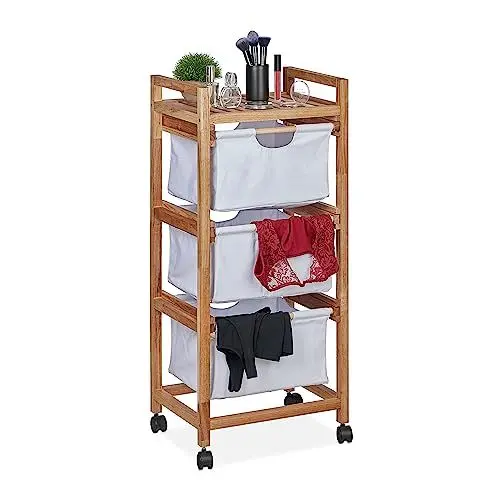 Produktbild: Relaxdays Badregal mit Wäschekorb, 1 offene Ablage & 3 Stoffkörbe, HBT: 96x43,5x33,5 cm, Standregal Walnuss, Natur/weiß