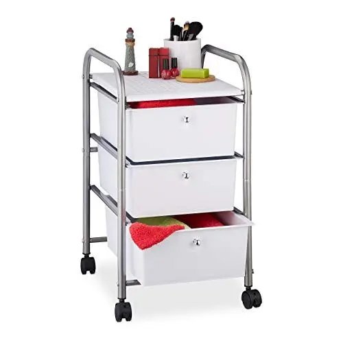 Produktbild: Relaxdays Badrollwagen, 3 Schubladen, Metall & Kunststoff, Rollcontainer Bad, Kosmetik, HxBxT: 60 x 33 x 39 cm, silber, 1 Stück