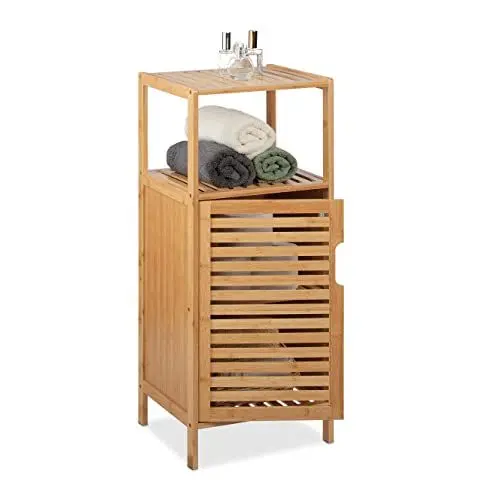 Produktbild: Relaxdays Badschrank Bambus, HBT: 87 x 36,5 x 33 cm, schmales Badregal mit Tür, 2 offene Ablagen, Badkommode, Natur
