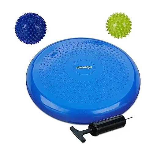 Produktbild: Relaxdays Balance Kissen, 2 Massagebälle, Ø 32 cm, bis 140 kg, ergonomisches Wackelkissen mit Noppen, Luftpumpe, pink