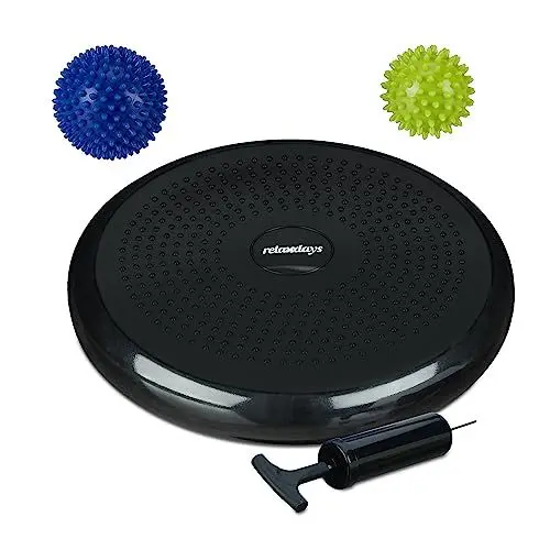 Produktbild: Relaxdays Balance Kissen, 2 Massagebälle, Ø 32 cm, bis 140 kg, ergonomisches Wackelkissen mit Noppen, Luftpumpe, schwarz