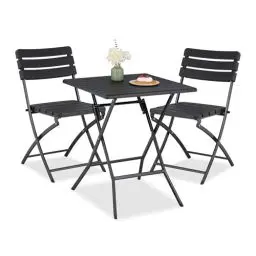 Produktbild: Relaxdays Balkonmöbel Set, 3-teilig, 1 Tisch & 2 Stühle, klappbar, Gartengarnitur Holzoptik, Stahl & Kunststoff, schwarz