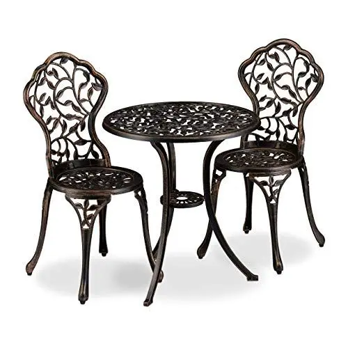 Produktbild: Relaxdays Balkonmöbel Set, 3-teilig, Balkontisch mit 2 Stühlen, verziert, Aluminium, Bistrotisch HxD: 65x60 cm, Bronze