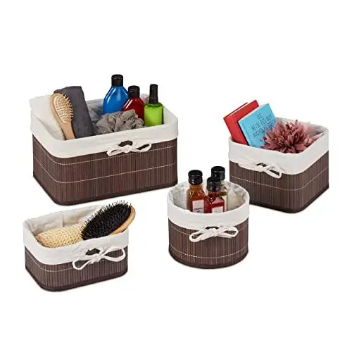 Produktbild: Relaxdays Bambus Aufbewahrungskörbe, 4-teiliges Set, Badkörbchen, dekorativ, vers. Größen, für Schrank und Regal, braun