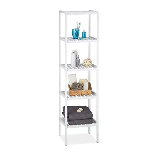 Produktbild: Relaxdays Bambus Badregal mit 5 Ablageflächen, HxBxT: 139,5 x 34,5 x 33 cm, hohes Standregal, Küchenregal, weiß
