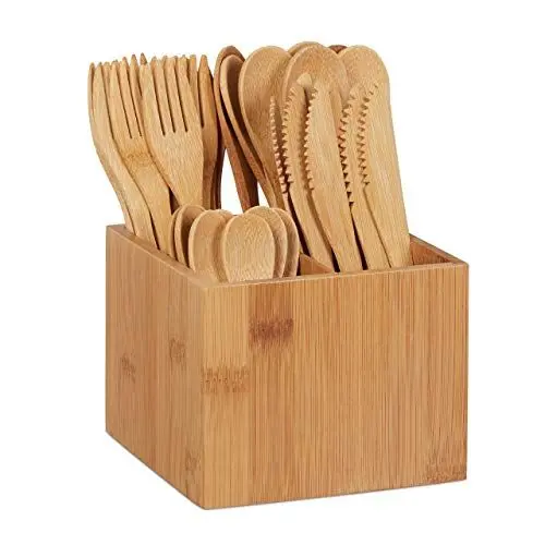 Produktbild: Relaxdays Bambus Besteck Set, je 10 x Messer, Gabel, Löffel & Teelöffel, Besteckhalter, wiederverwendbar, 41-tlg., natur, Hellbraun