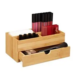 Produktbild: Relaxdays Bambus Kosmetik Organizer, multifunktional, 4 Fächer & Schublade, Schmuckkästchen, Ordnungsbox Büro, natur, 11 x 27 x 15 cm