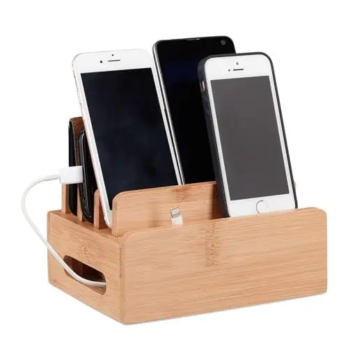 Produktbild: Relaxdays Bambus Ladestation, Schreibtisch Handyhalter f. 6 Geräte, Holz Kabelbox f. Ordnung, HBT 9 x 17 x 13 cm, natur