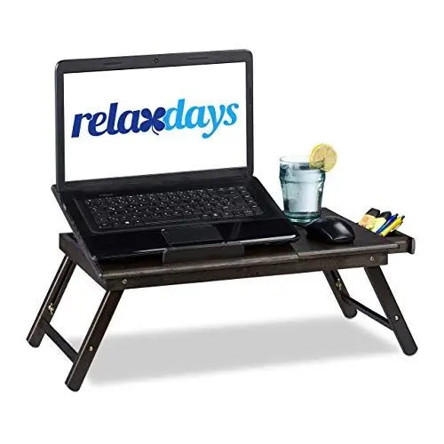 Produktbild: Relaxdays Bambus Laptoptisch, HBT: 24x60x35cm, höhenverstellbarer Laptopständer für Bett und Sofa, mit Schublade, braun, Dunkelbraun