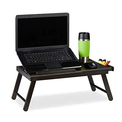 Produktbild: Relaxdays Bambus Laptoptisch, HBT: 25x60x35cm, höhenverstellbare Laptopablage, klappbar, mit Schublade, dunkelbraun