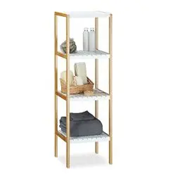 Produktbild: Relaxdays Bambus Regal mit 4 Fächern HBT: 110 x 33 x 34 cm Schickes Badregal mit 4 Ablagen aus natürlichem Holz Standregal als Küchenregal oder Holzregal zur Aufbewahrung im Badezimmer, weiß, natur