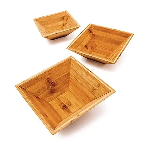 Produktbild: Relaxdays Bambus Schalen im 3er Set als schicke Dekoschale und Obstschale quadratische Schälchen in 3 verschiedenen Größen Snackschale aus Holz ineinander stapelbar auch als Gebäckschale ideal, natur