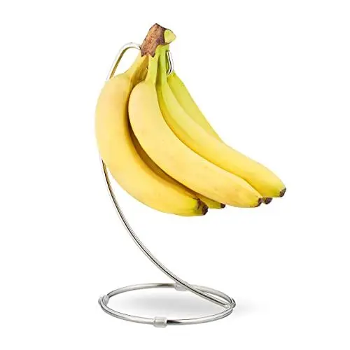 Produktbild: Relaxdays Bananenhalter mit rundem Standfuß, Bananenhaken, Obstaufbewahrung, Bananen, Trauben, verchromtes Eisen, silber