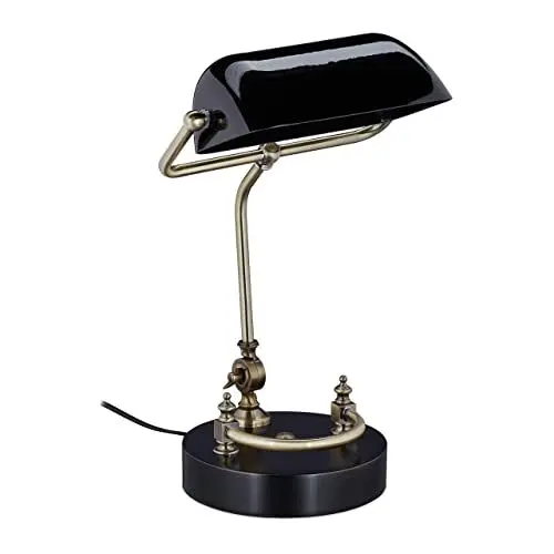 Produktbild: Relaxdays Bankerlampe, Glasschirm, Holzfuß, neigbare Bibliothekslampe, E27-Fassung, Schreibtischlampe Retro, schwarz