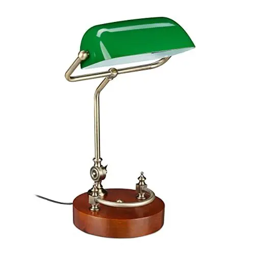 Produktbild: Relaxdays Bankerlampe, neigbarer Glasschirm, Holzfuß, E27-Fassung, Schreibtischlampe Retro, Bibliothekslampe, grün-braun, 42 x 26 x 25 cm