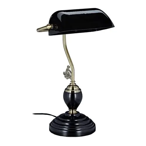 Produktbild: Relaxdays Bankerlampe, neigbarer Glasschirm, Holzfuß, E27-Fassung, Schreibtischlampe Retro, Bibliothekslampe, schwarz, 44 x 26 x 19 cm
