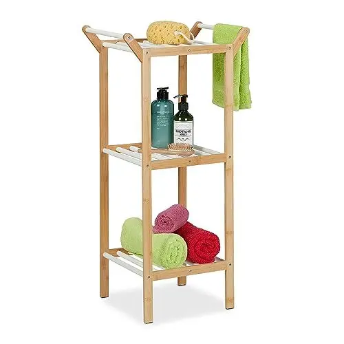 Produktbild: Relaxdays Bathroom Shelf Badregal, 3 Badezimmerablagen, 2 Handtuchhalter, Standregal HxBxT: 85 x 41,5 x 30 cm, Bambus, weiß/Natur