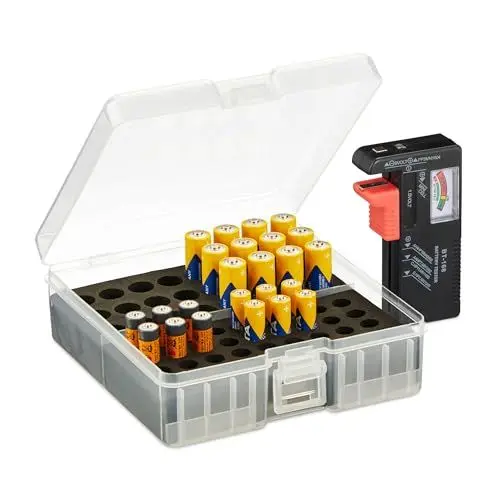 Produktbild: Relaxdays Batteriebox mit Tester, für 60 AA & AAA Batterien, HBT: 5,5 x 15 x 15,5 cm, Batteriekiste, transparent/schwarz