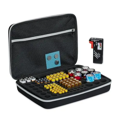 Produktbild: Relaxdays Batteriekoffer mit Tester, für AA, AAA, C, D & 9V-Blockbatterie, Aufbewahrungsbox 134 Batterien, schwarz