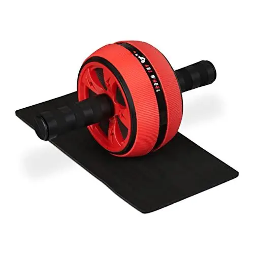 Produktbild: Relaxdays Bauchroller, Bauchtrainer für Zuhause, Damen & Herren, rutschfest, Fitnessrolle mit Kniematte, schwarz/rot