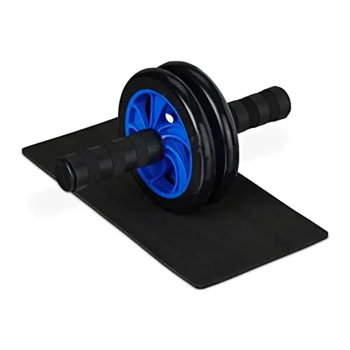 Produktbild: Relaxdays Bauchroller, Bauchtrainer für Zuhause, inkl. Kniematte, rutschfest, Fitnessrolle mit Gummirädern, Farbauswahl, Schwarz/Blau
