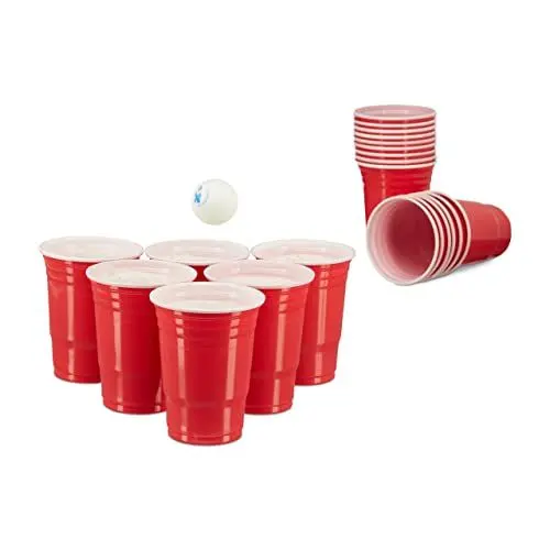 Produktbild: Relaxdays Beer Pong Becher, 50 Stück, stabiler Plastikbecher, Partybecher 16 oz, Trinkbecher Softdrinks u. Bier, rot