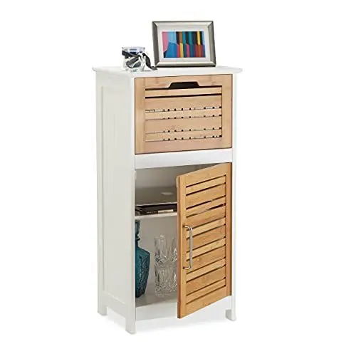 Produktbild: Relaxdays Beistellschrank aus Bambus, halbhoher Badschrank m. Schublade, HBT: 83 x 40 x 30 cm, Flur u. Wohnzimmer, weiß