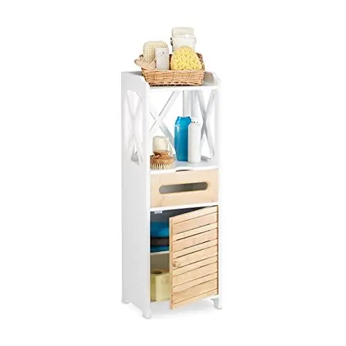 Produktbild: Relaxdays Beistellschrank klein mit 5 Ablagen, Mehrzweckschrank für Küche und Bad, schmaler Nische Regalschrank, weiß, 24.5 x 31.5 x 89 cm