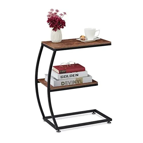 Produktbild: Relaxdays Beistelltisch, 2 Ablagen, C-Form, Industrial Design, Sofatisch Metall & Holzoptik, HBT: 57,5x47,5x25 cm, braun