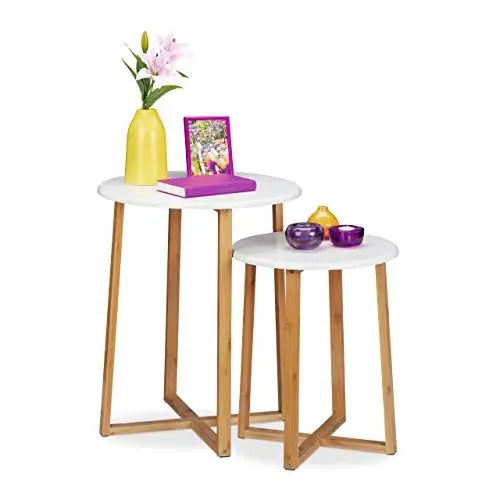 Produktbild: Relaxdays Beistelltisch 2er Set, runde Satztische, 48,5 & 60,5 cm hoch, modernes Design, Wohnzimmertisch, Natur/weiß