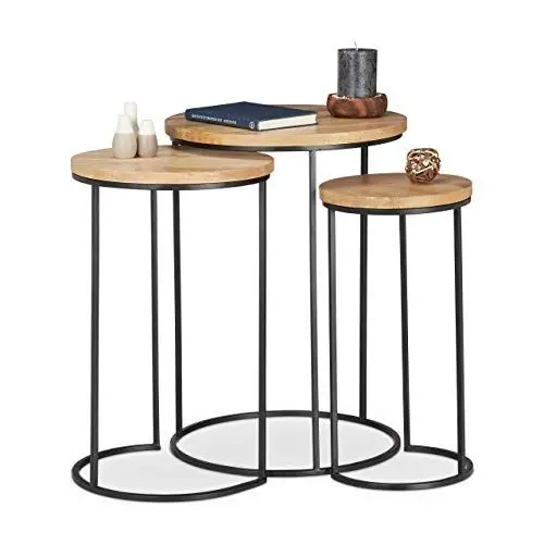 Produktbild: Relaxdays Beistelltisch 3er Set, runde Ablage, Satztische in 3 Größen, ineinander stellbar, Metall und Mangoholz, natur, H x D: ca. 56 x 41 cm