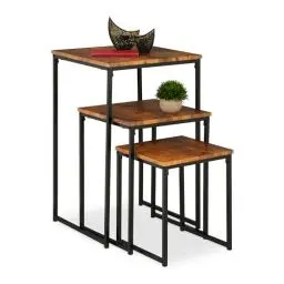 Produktbild: Relaxdays Beistelltisch 3er Set, stapelbar, Industrie Design, Satztisch 3 Größen, quadratisch, Metall, braun/schwarz