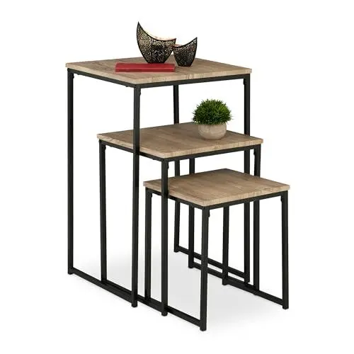 Produktbild: Relaxdays Beistelltisch 3er Set, stapelbar, Satztisch 3 Größen, quadratisch, Metall, Wohnzimmer, Dekotisch, grau/schwarz